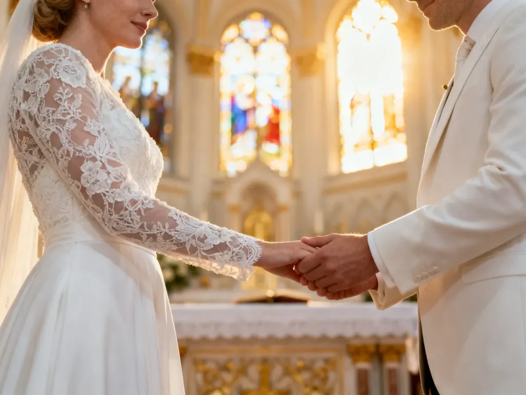 Para młoda trzymająca się za ręce przy ołtarzu w kościele podczas ceremonii ślubu konkordatowego.