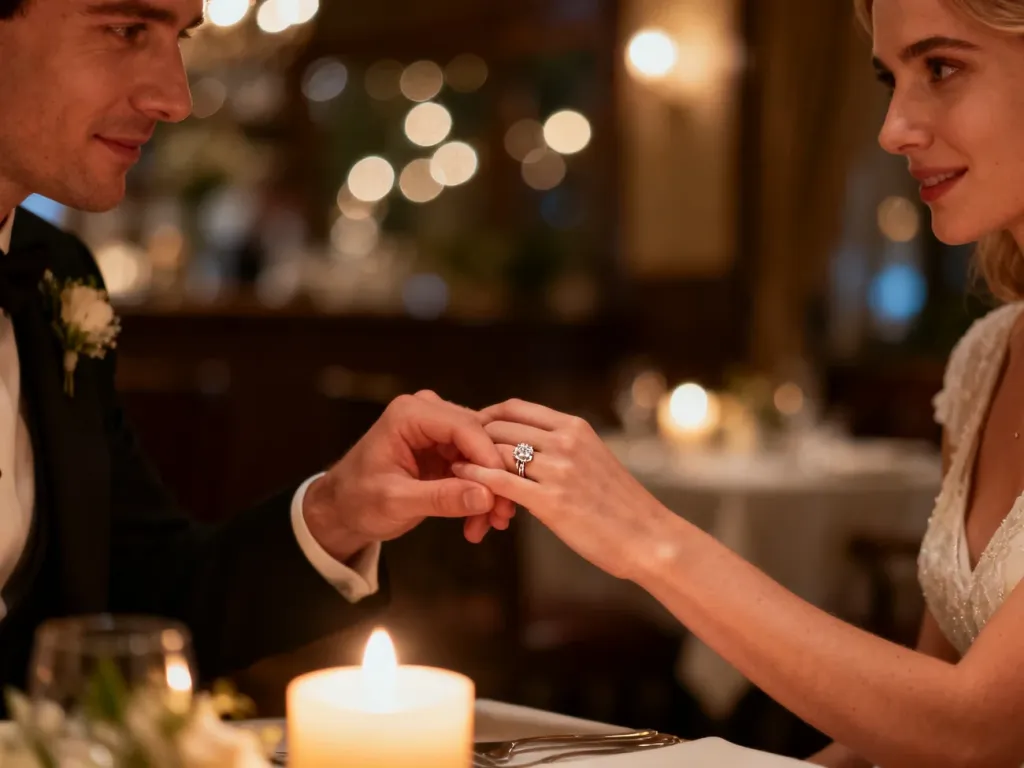 Para trzymająca się za ręce z widocznymi obrączkami w romantycznej, nastrojowej scenerii restauracji.