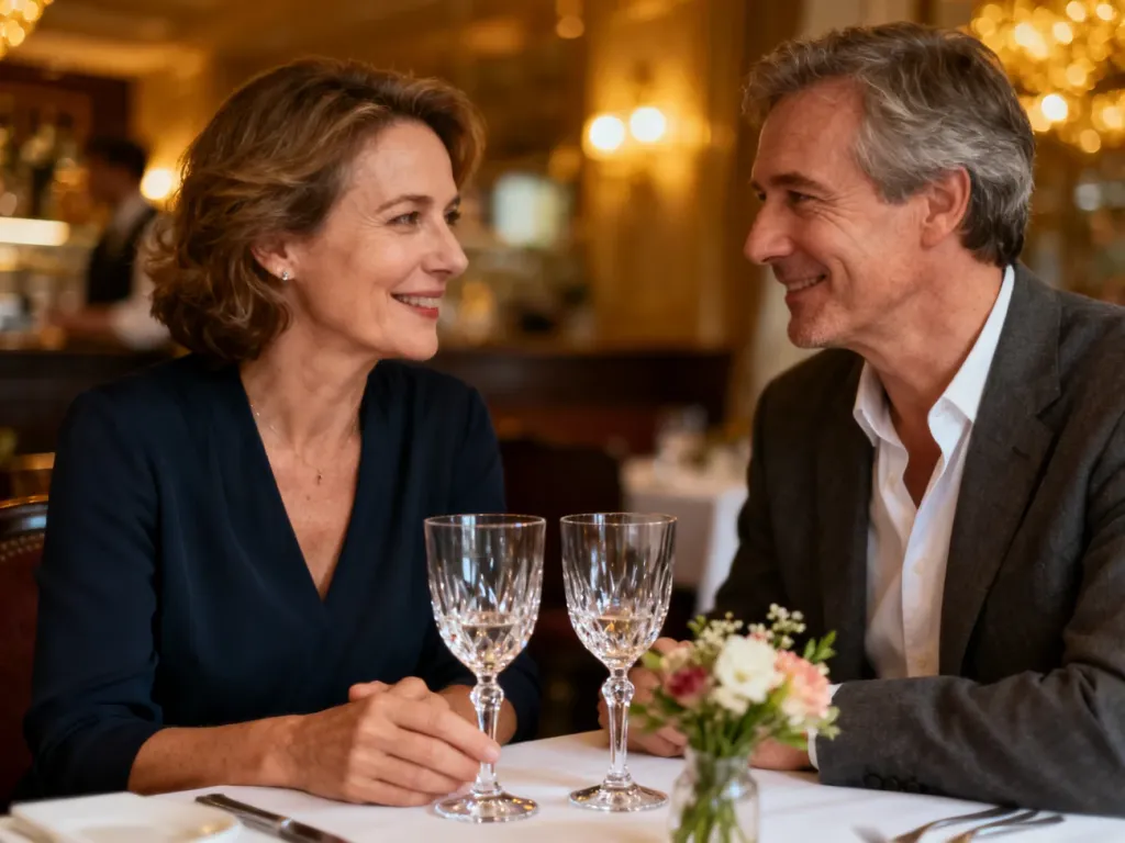 Para w średnim wieku świętująca 22. rocznicę ślubu przy romantycznej kolacji w eleganckiej restauracji.
