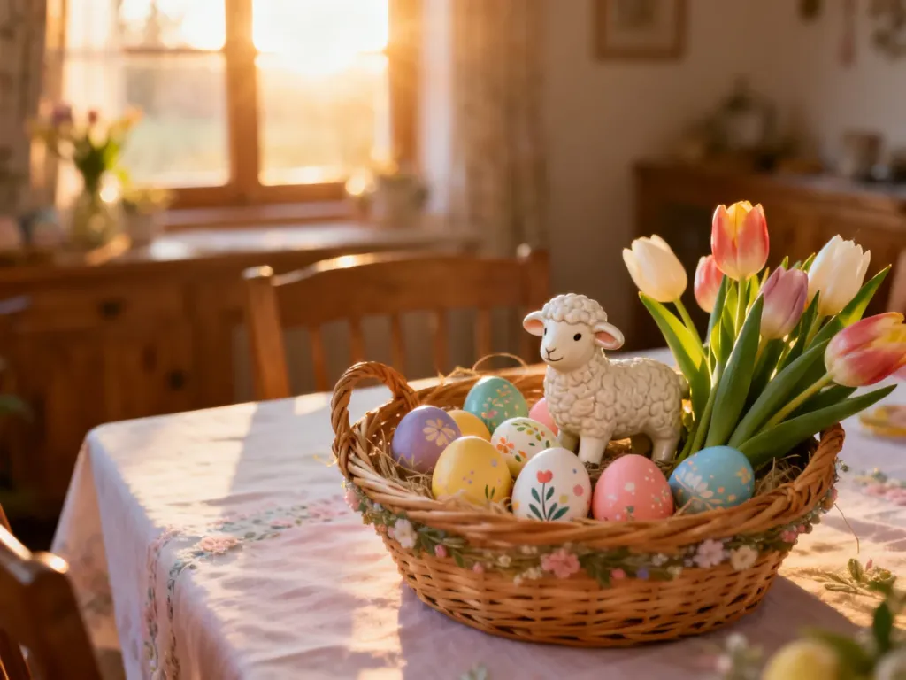 Wielkanocny stół z koszykiem pełnym pisanek, tulipanami i figurką baranka w ciepłym, wiosennym świetle.