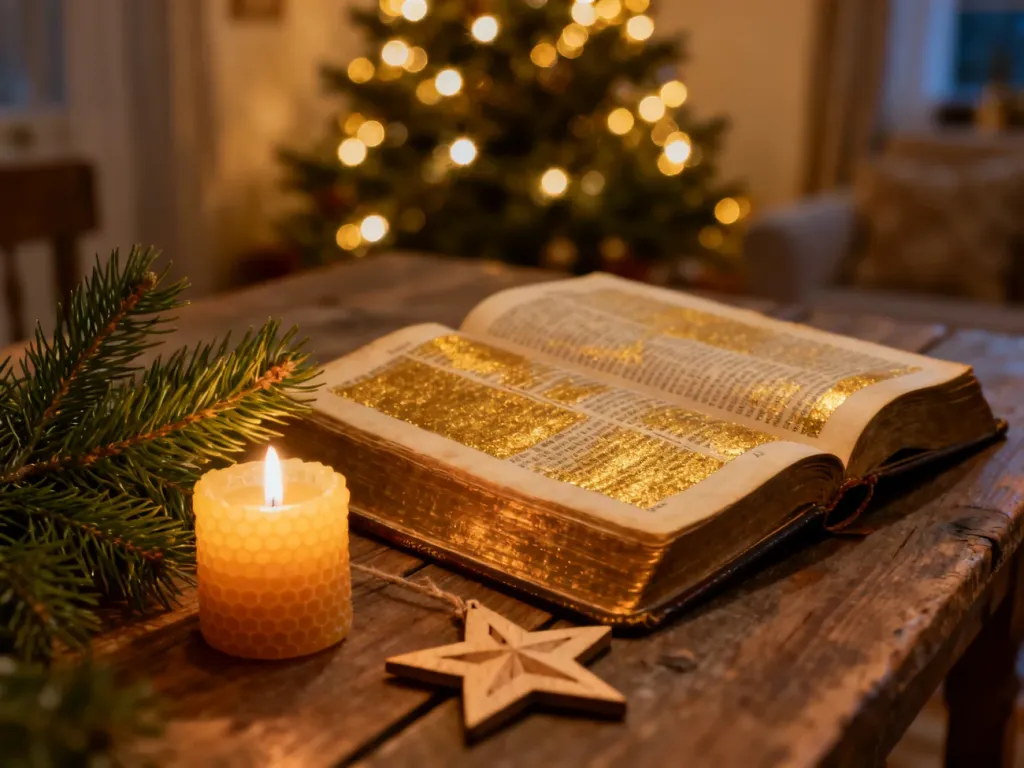 Otwarta Biblia na drewnianym stole w otoczeniu świecy, gałązki sosny i świątecznych świateł, tworząca bożonarodzeniowy nastrój.