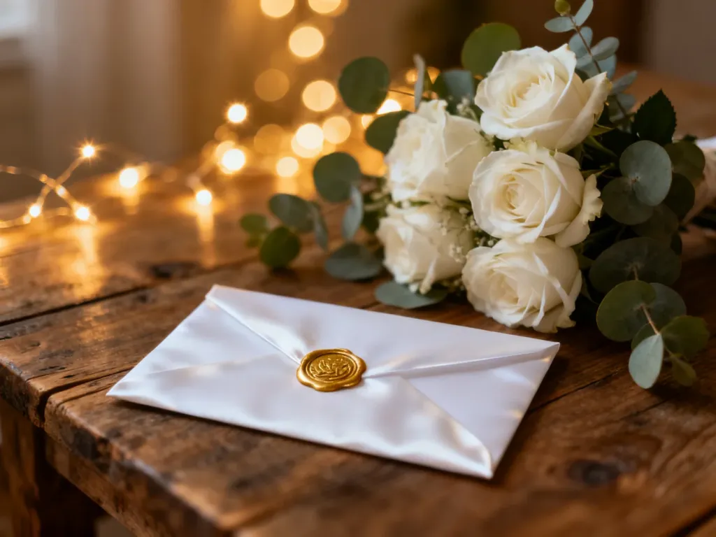 Elegancka koperta z pieczęcią lakową obok białych róż i eukaliptusa na drewnianym stole w romantycznym, ciepłym świetle.
