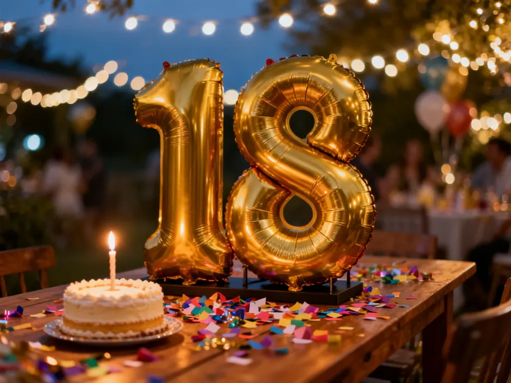 Złoty balon w kształcie liczby 18 na stole z konfetti i tortem, tworzący uroczysty klimat osiemnastych urodzin.