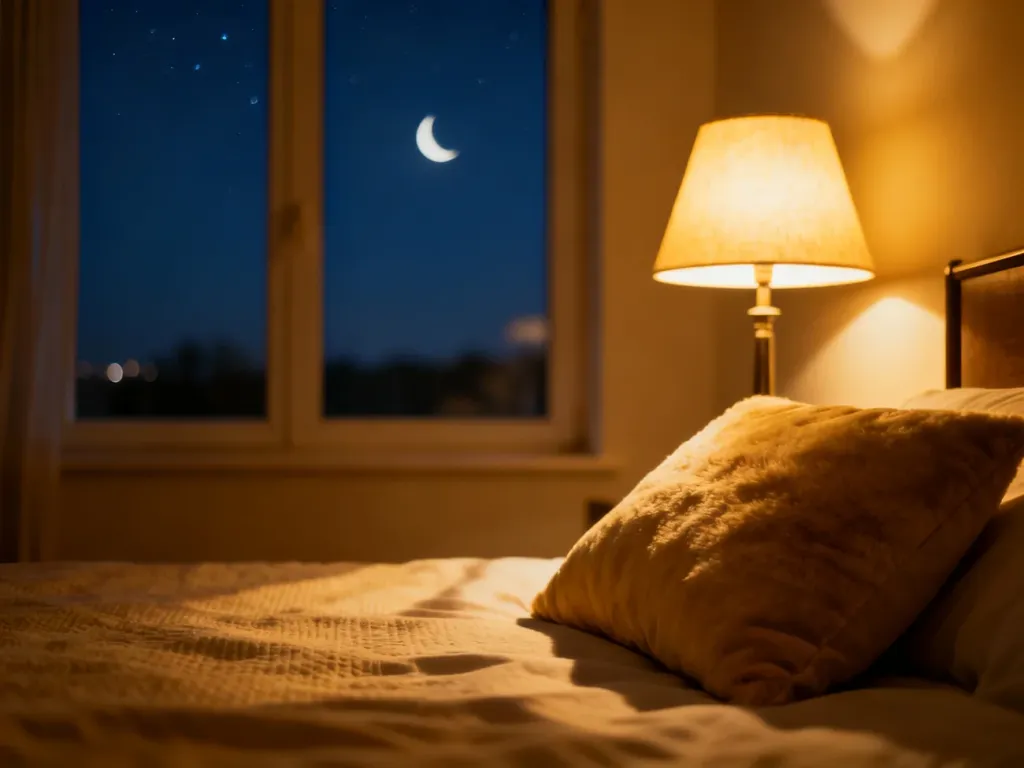 Przytulna sypialnia z ciepłym światłem lampki nocnej i widokiem na rozgwieżdżone niebo, wprowadzająca w spokojny nastrój.