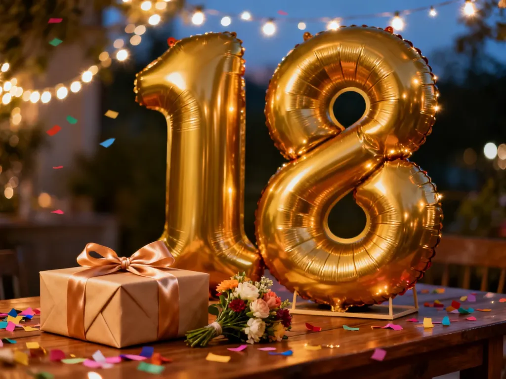 Złoty balon w kształcie liczby 18, prezent i kwiaty na stole w otoczeniu świątecznych światełek i konfetti.