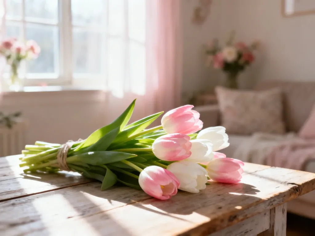 Bukiet świeżych tulipanów w pastelowych kolorach na drewnianym stole, tworzący przytulną i wiosenną atmosferę.